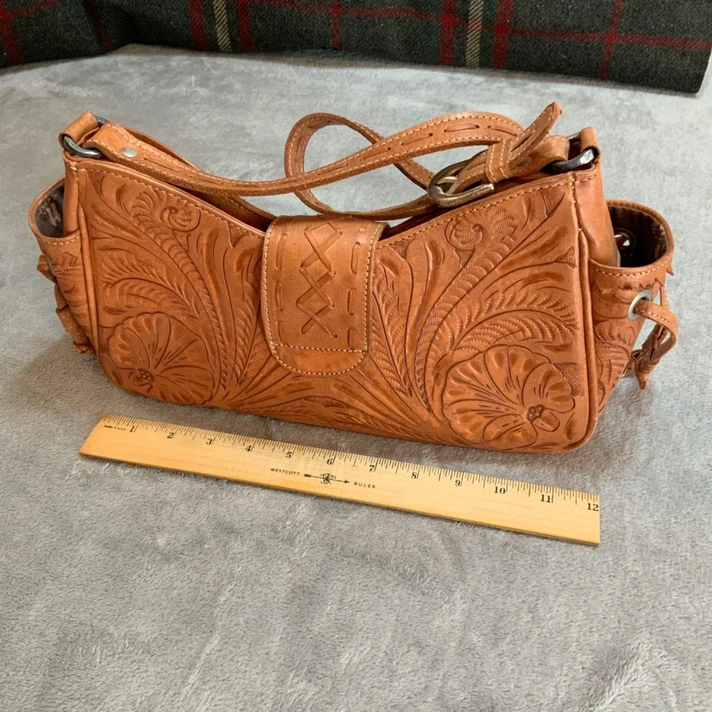 American West Hand Tooled Leather Bag and Wallet Set Tan Floral Cottagecore